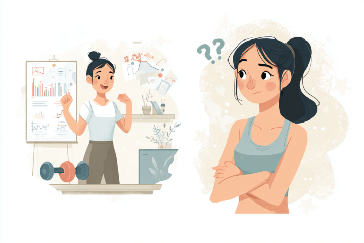 運動習慣を始めるか迷う女性と、トレーニング効果を説明する女性のイラスト。健康意識の向上を表現