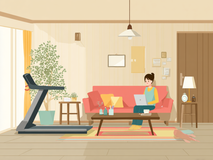 自宅のリビングでパソコン作業をする女性とトレッドミルのあるイラスト。家庭での運動習慣と在宅ワークをイメージ