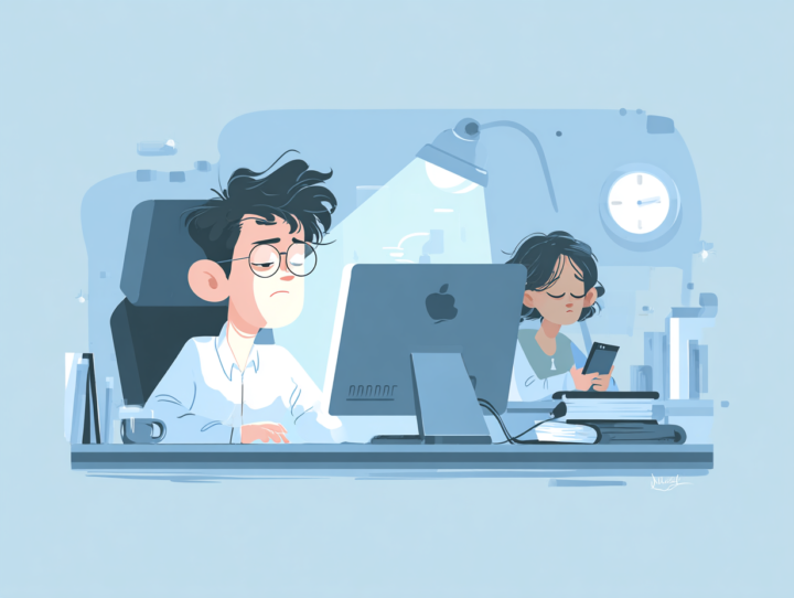 長時間のパソコン作業やスマホ使用で疲労し、眠気を感じる日本人男女のイラスト。不眠や生活習慣の乱れをイメージ