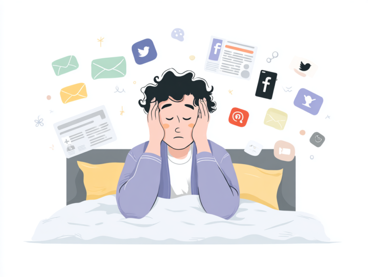 布団の中でスマホやSNSに囲まれ、眠れず悩む男性のイラスト。デジタル依存と睡眠不足のイメージ