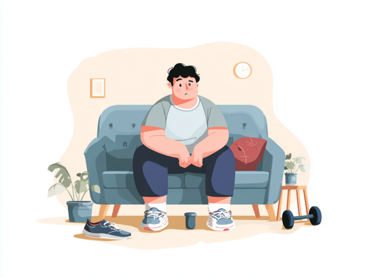 ソファに座り運動を始められずに悩む日本人男性のイラスト。運動不足や生活習慣の乱れによる体重増加や健康リスクを表現