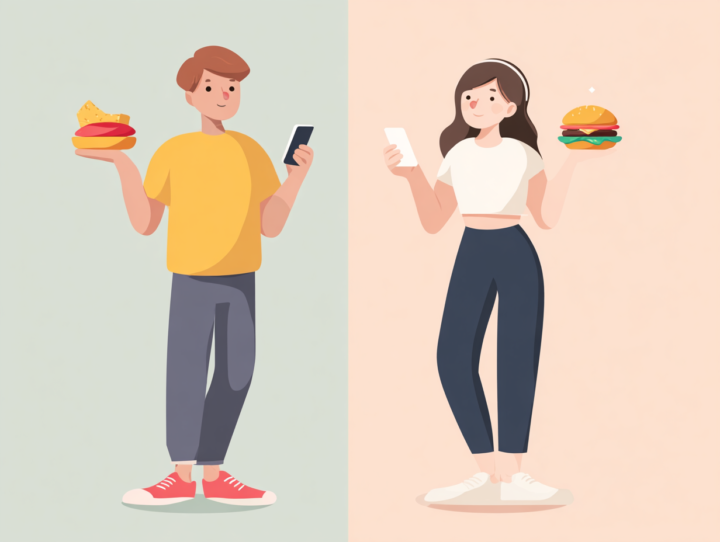 スマホを見ながらハンバーガーを持つ男女のイラスト。食生活の選択や現代人のライフスタイルを表現