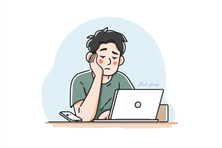 パソコン作業中に疲れた表情をする若い男性のイラスト