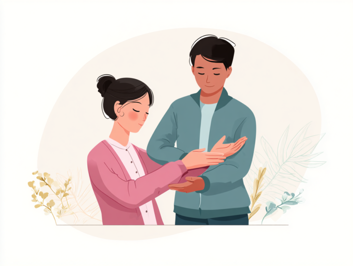 整体師に腕や手首を診てもらう日本人女性のイラスト