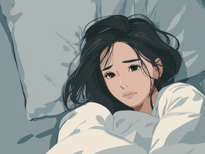 布団に入って眠れず悩む日本人女性のイラスト。睡眠不足や不眠のイメージを表現
