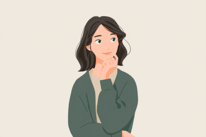 気づきを得たように考える日本人女性のイラスト。ライフスタイル改善や健康意識の向上をイメージ