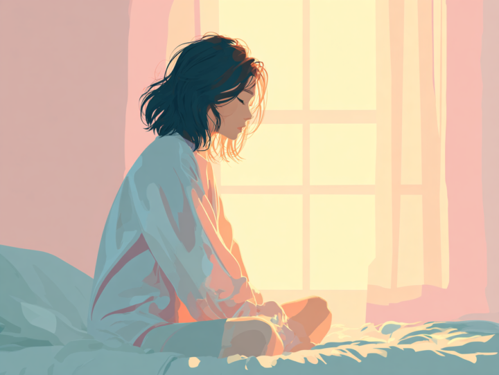 朝日を浴びながらベッドに座り、眠れず疲れた表情を見せる日本人女性のイラスト