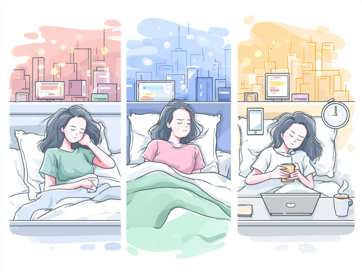 ベッドで眠れず悩む日本人女性のイラスト。夜間の不眠や生活リズムの乱れを3つのシーンで表現