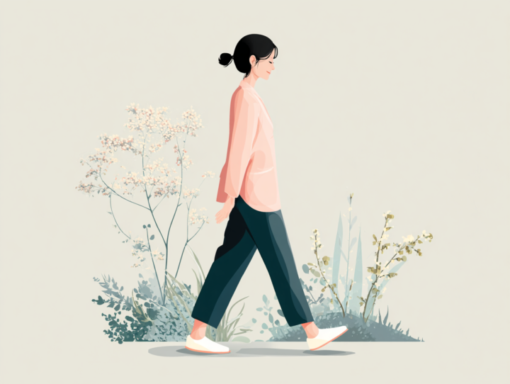 正しい姿勢で歩く女性のイラスト｜ウォーキングによる腰痛予防と姿勢改善