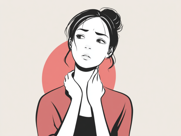  首の痛みや違和感に不安を感じる日本人女性のイラスト