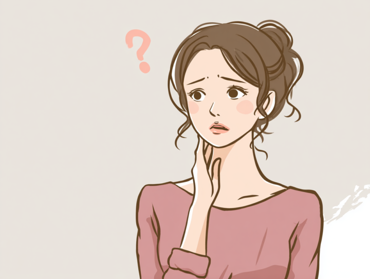 首に手を当てて不安そうな表情を浮かべる日本人女性のイラスト｜首の痛みや違和感に悩む姿を表現
