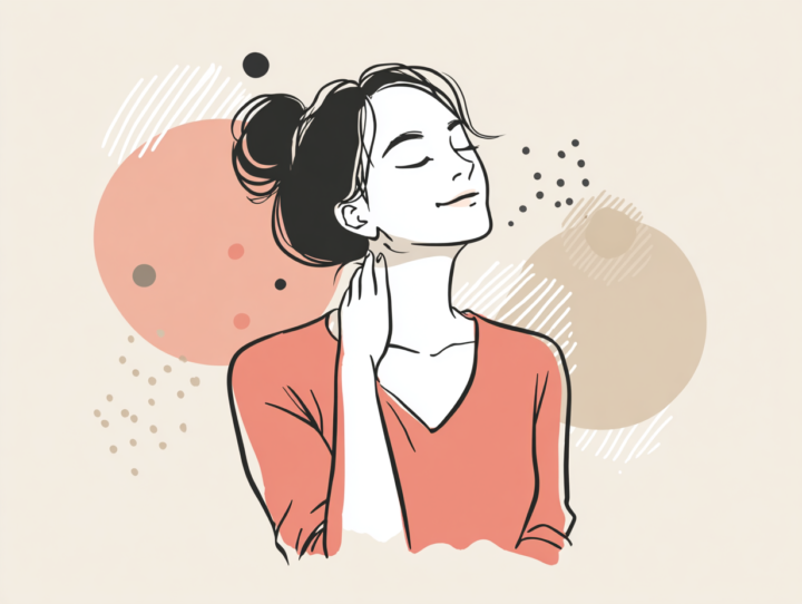 首のこりが和らぎリラックスした表情の日本人女性のイラスト