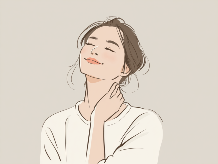 首のこりや痛みが改善し、笑顔で首を触れる日本人女性のイラスト