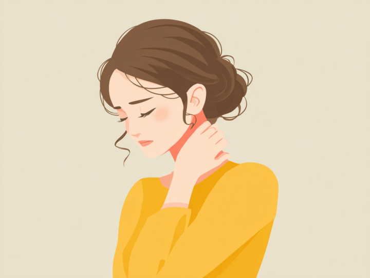 首の痛みを感じてうつむく日本人女性のイラスト｜頸椎ヘルニア・首こり・神経圧迫の症状表現