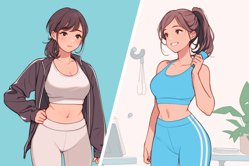 60ｋｇから50ｋｇにパーソナルトレーニングで痩せた女性のイラスト