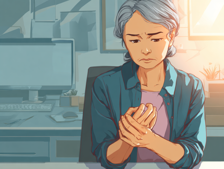 デスクワーク中に手の痛みに悩む高齢の日本人女性のイラスト