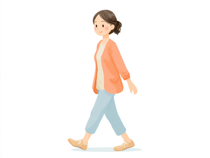 毎日の健康習慣としてウォーキングする日本人女性のイラスト。有酸素運動・ダイエット・姿勢改善に効果的な運動を表現