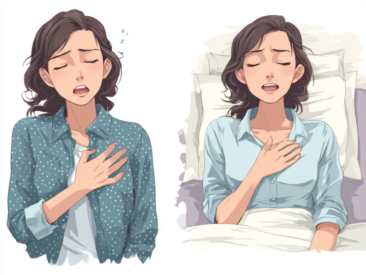 肋間神経痛で胸の痛みや睡眠障害に苦しむ女性のイラスト