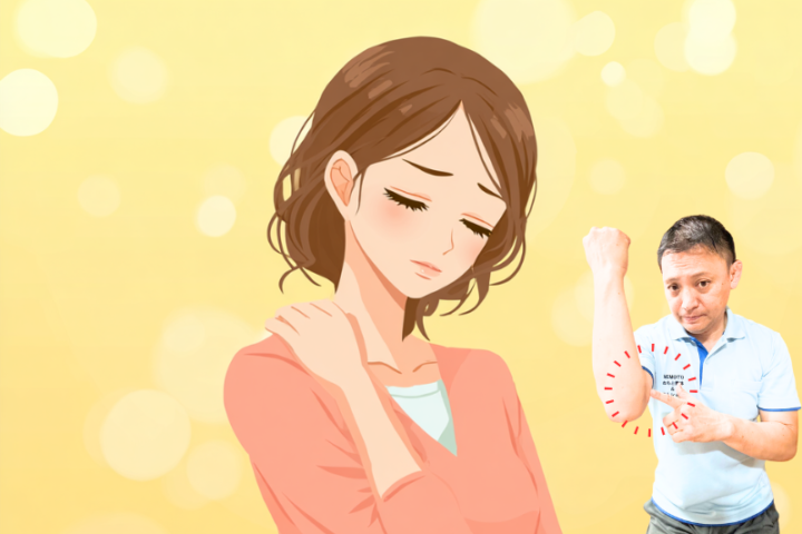 首や肩の不調が肘の痛みに影響することを表現した日本人女性と整体師の説明イラスト