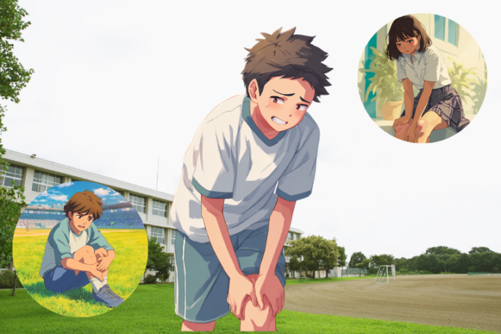 オスグッド病で膝に痛みを抱える日本人中学生の男女のイラスト。運動後に膝を押さえてつらそうにしている様子。スポーツをする成長期の子どもに多い膝の障害を表現