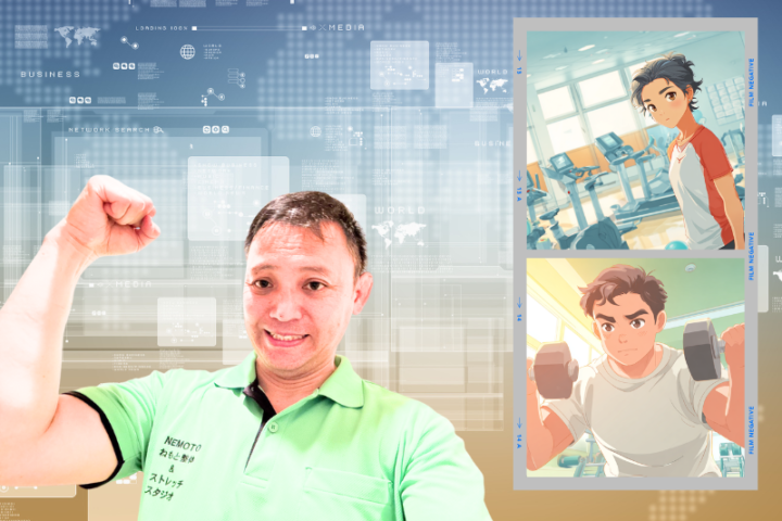 日本人トレーナーと学生アスリートが描かれたイラスト。整体とストレッチ、さらにジムでの筋力トレーニングを組み合わせて、回復とパフォーマンス向上をサポートする様子を表現。