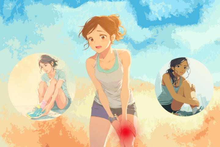 膝の疲労骨折で痛みに耐える女性ランナーのイラスト