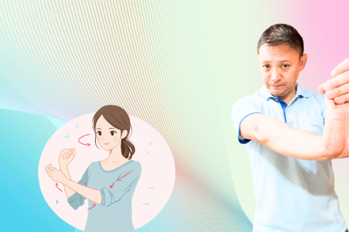 テニス肘改善のために前腕ストレッチを行う日本人女性と、それを指導する整体師のイラスト。肘の柔軟性回復や再発予防のセルフケアを解説する場面