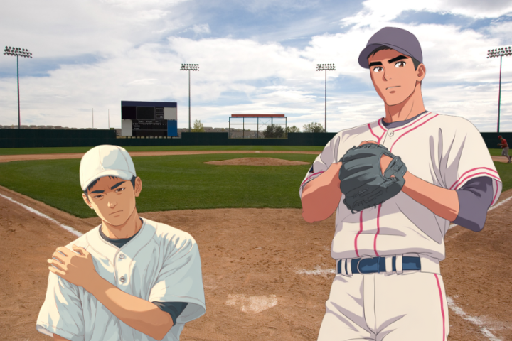 野球肩に悩む日本人野球選手のイラスト。投球後に肩を押さえて痛みを感じる様子と、マウンド上に立つ選手。スポーツ障害や肩の痛み、野球肩の原因と改善方法を説明するためのイメージ画像。