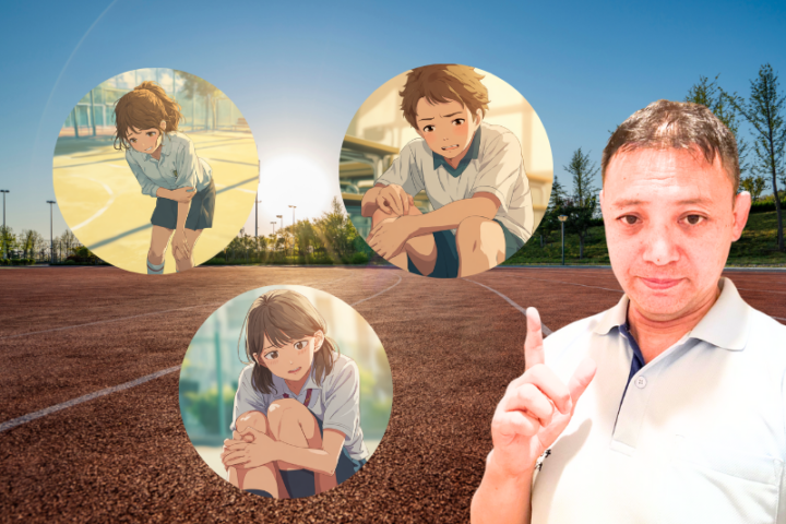 オスグッド病で膝の痛みに悩む中学生の男女のイラストと、整体師が指導する様子を組み合わせた画像。成長期の膝の痛み、スポーツ障害予防、整体やストレッチによる改善を表現