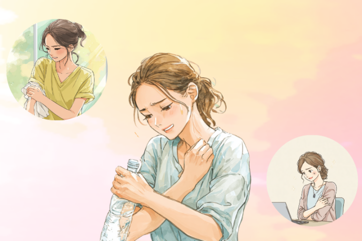 肘や腕の痛みで日常生活に支障を感じる日本人女性のイラスト