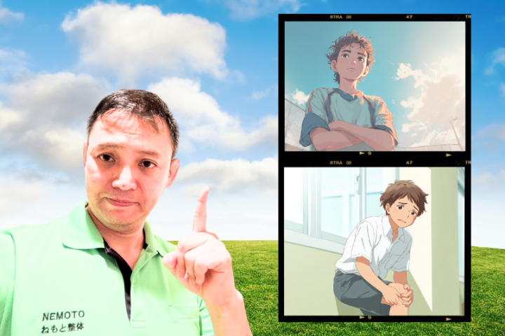 オスグッド病による膝の痛みに悩む中学生の男の子のイラストと、指導を行う整体師。成長期の膝痛やスポーツ障害に対する整体とストレッチの重要性を表すイメージ