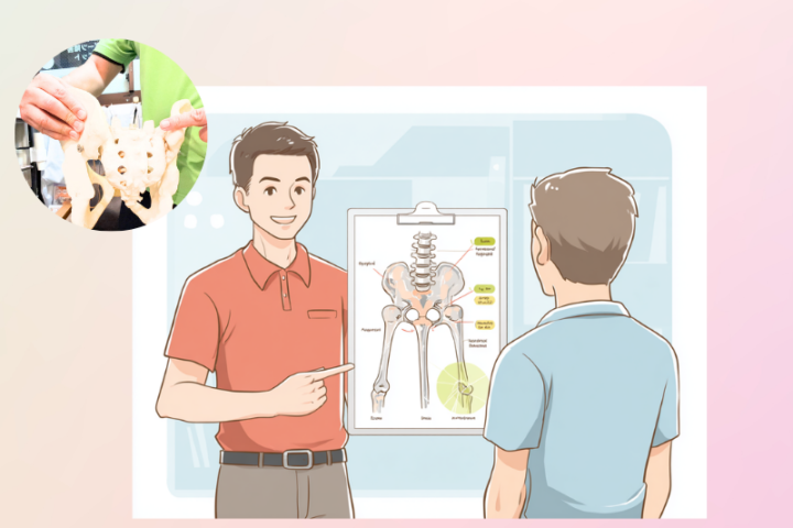 骨盤模型を使い仙腸関節を解説する整体師。患者に理解しやすいように図解で説明
