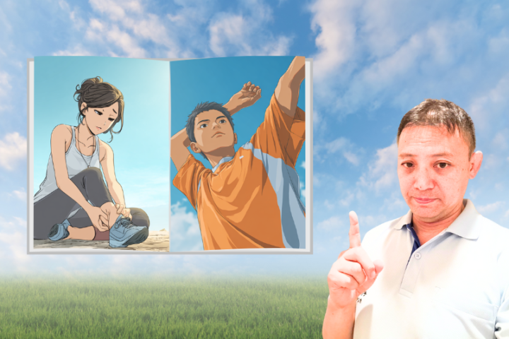 日本人整体師が指をさして説明している横に、ジュニアアスリートの男女がトレーニングやストレッチをしているイラスト。正しい運動習慣や怪我予防の大切さを伝える構成