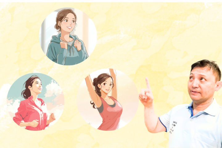 運動習慣を指導する整体師と、ジョギングやストレッチを行う日本人女性のイラスト