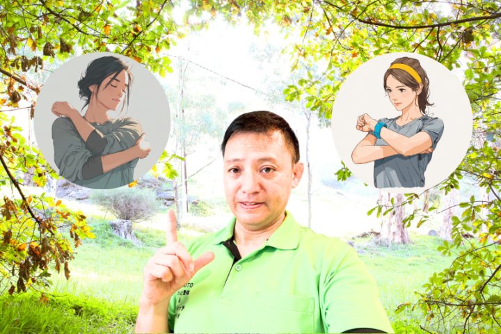 肘の内側の痛み改善のためのストレッチを紹介するイラストと整体師の写真。日本人女性が肘を伸ばすストレッチをする姿を左右に配置し、中央の整体師が指導を示す構図。自然の背景で整体とパーソナルトレーニングの効果をわかりやすく解説