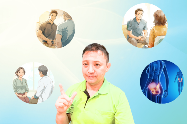 仙腸関節の痛みに向き合う日本人男性整体師。患者との相談や施術シーンを通じて、痛みの根本原因を探る専門的ケアをイラストと写真で表現。