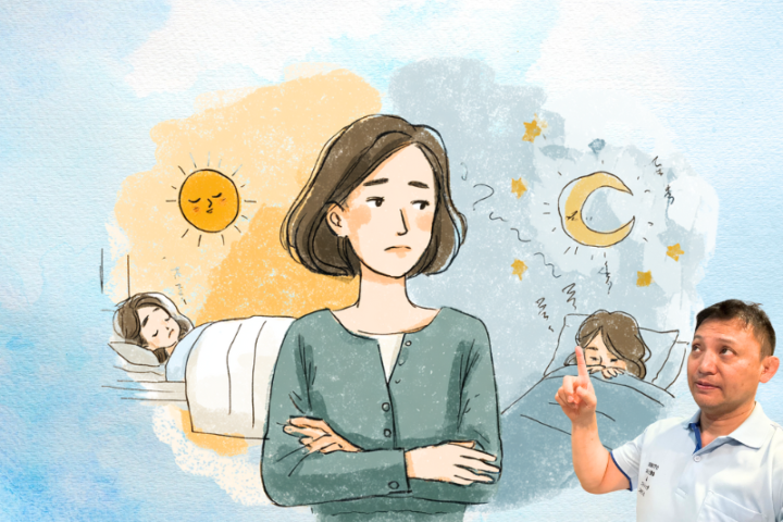 昼夜の睡眠リズムに悩む女性と指導する整体師のイラスト