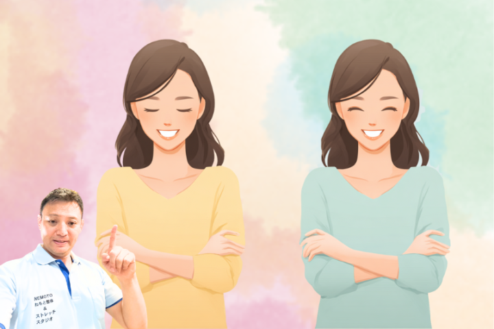 施術を受けて肘の動きが改善し、笑顔を見せる日本人女性と安心感を伝える整体師のイラスト