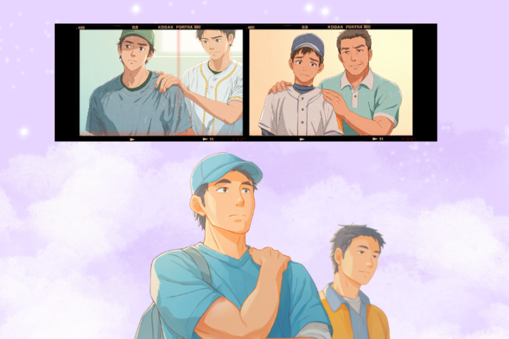 野球肩で肩に違和感を抱える日本人の少年と大人のイラスト。投球で肩に負担がかかる様子を描き、スポーツや日常生活での肩の不調をわかりやすく表現。背景は明るく安心感のある雰囲気