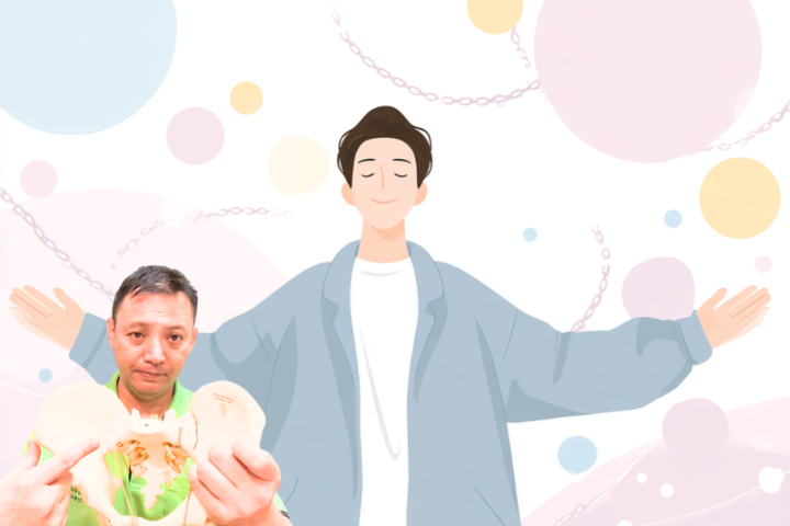 骨盤模型を持つ整体師と、痛みから解放されリラックスする人物を表した仙腸関節改善のイラスト