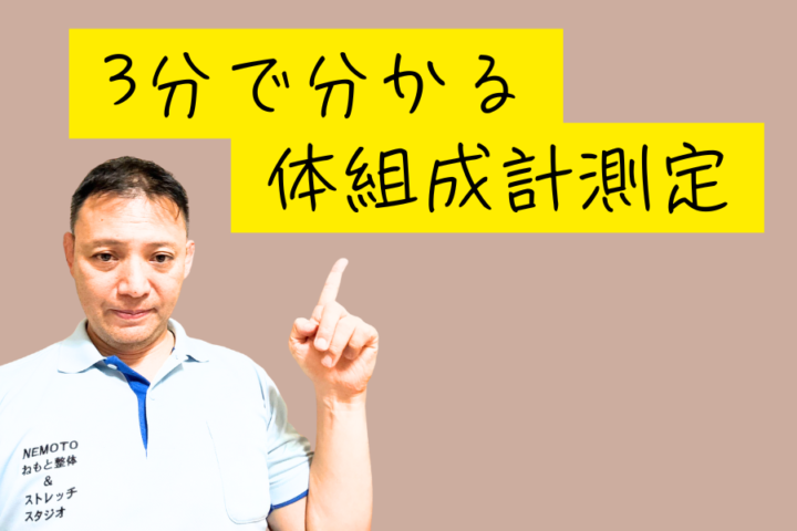 この画像は、男性トレーナーが人差し指を上に向けて指差しているポーズの広告画像です。 黄色のテキストボックスに「3分でわかる体組成計測定」という文字が大きく書かれています。男性は白いポロシャツを着用しており、シャツには「NEMOTO」という文字と「ねもと整体＆ストレッチスタジオ」と書かれています。 背景は落ち着いたベージュ色で、男性は笑顔で親しみやすい表情を浮かべています。この広告は、短時間で体組成の測定について理解できることをアピールしており、健康やフィットネス関連のサービスを提供していることが伝わる内容となっています。