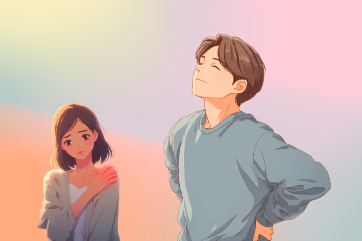日本人男女が肩と腰に不調を抱えるイラスト。女性は肩を押さえ、男性は腰に手を当てている。肩こりや腰痛の原因や整体・リハビリでの改善を示す健康関連イメージ