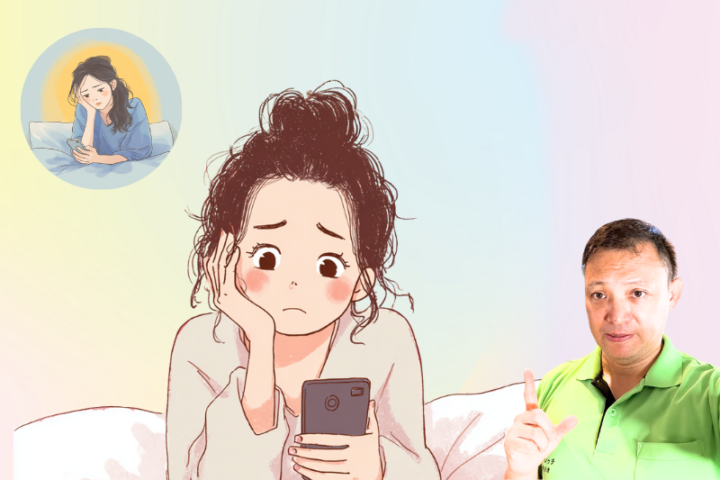 スマホを見て悩む日本人女性と整体師のイラスト｜ストレスと不眠