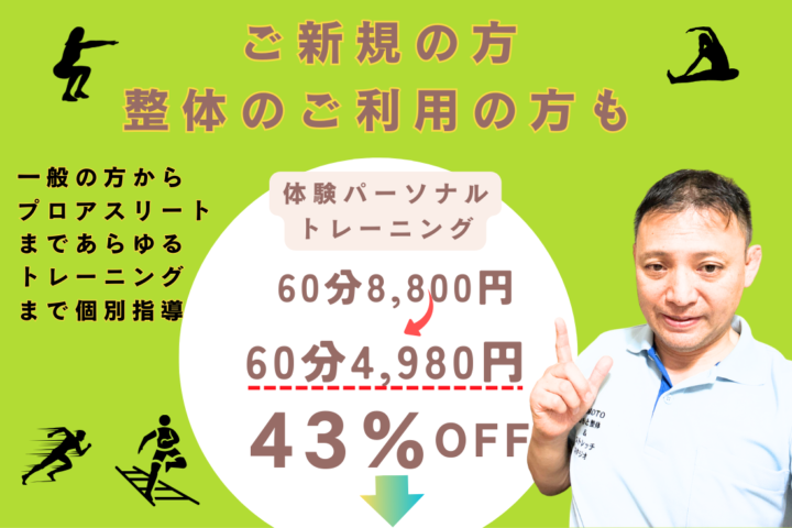 体験パーソナルトレーニングの宣伝で、ご新規の方と整体のご利用の方も対象としています。一般の方からプロアスリートまであらゆる方に対してトレーニングの個別指導を行っているようです。 料金については、通常60分8,800円のところを60分4,980円に値下げしており、これは43%オフの特別価格となっています。広告には運動している人のシルエットと、笑顔でポーズを取っている男性トレーナーの写真が使われていて、明るい緑色の背景で親しみやすい印象を与えています。 全体的に、幅広い層の方に向けた個別指導のパーソナルトレーニングを、お得な体験価格で提供していることをアピールした広告となっています。