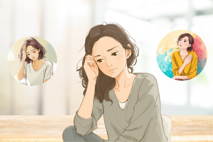 自律神経の乱れで頭痛や肩こりに悩む日本人女性のイラスト