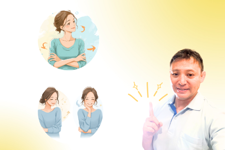 ストレッチや生活習慣アドバイスを受け、肘の症状が改善して笑顔になる日本人女性と整体師のイラスト