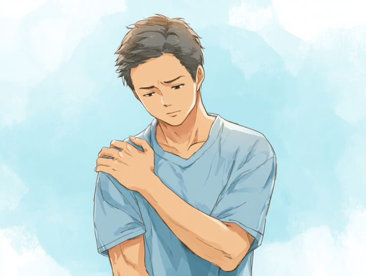 肩を押さえて悩む日本人男性のイラスト。肩こり、四十肩、スポーツ障害など肩の痛みを表現し、整体やリハビリ、ストレッチでの改善をイメージさせる健康関連画像