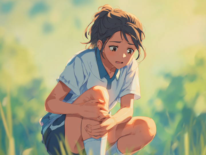 膝の痛みに悩み、しゃがんで足を押さえる日本人中学生女子アスリートのイラスト。成長期に多いオスグッド病やスポーツによる膝痛、整体やストレッチによる改善の重要性を表す