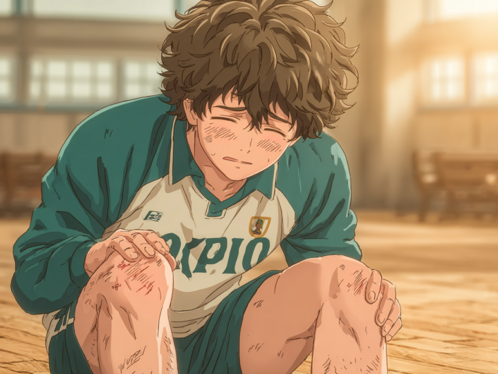 ユニフォーム来て座っている中学生の男性