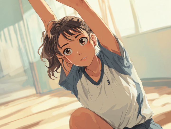 体育館でストレッチをする日本人中学生の女子。部活動や運動前の柔軟体操、成長期の体づくりやケガ予防を意識した健康的なイメージ